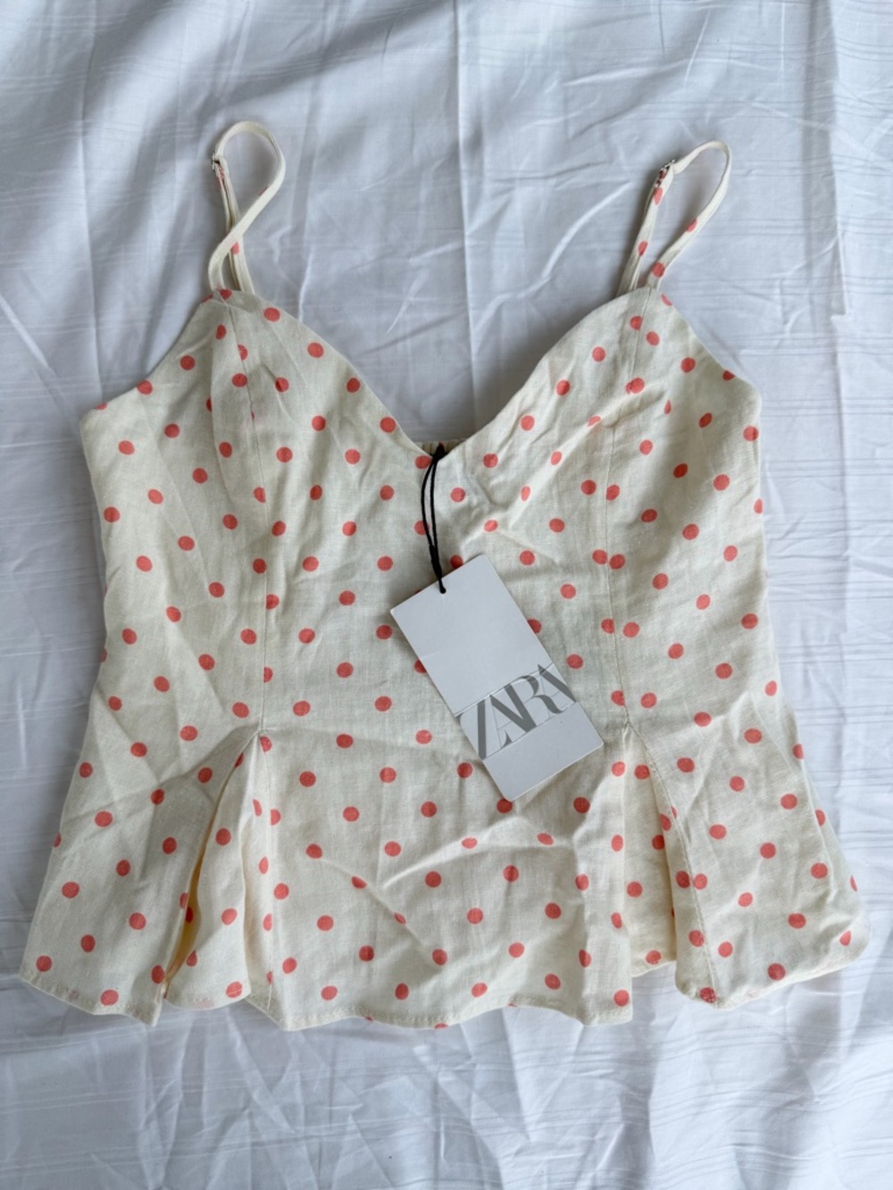 ZARA Cream Spaghetti Strap Camisole with Coral Polka Dots
